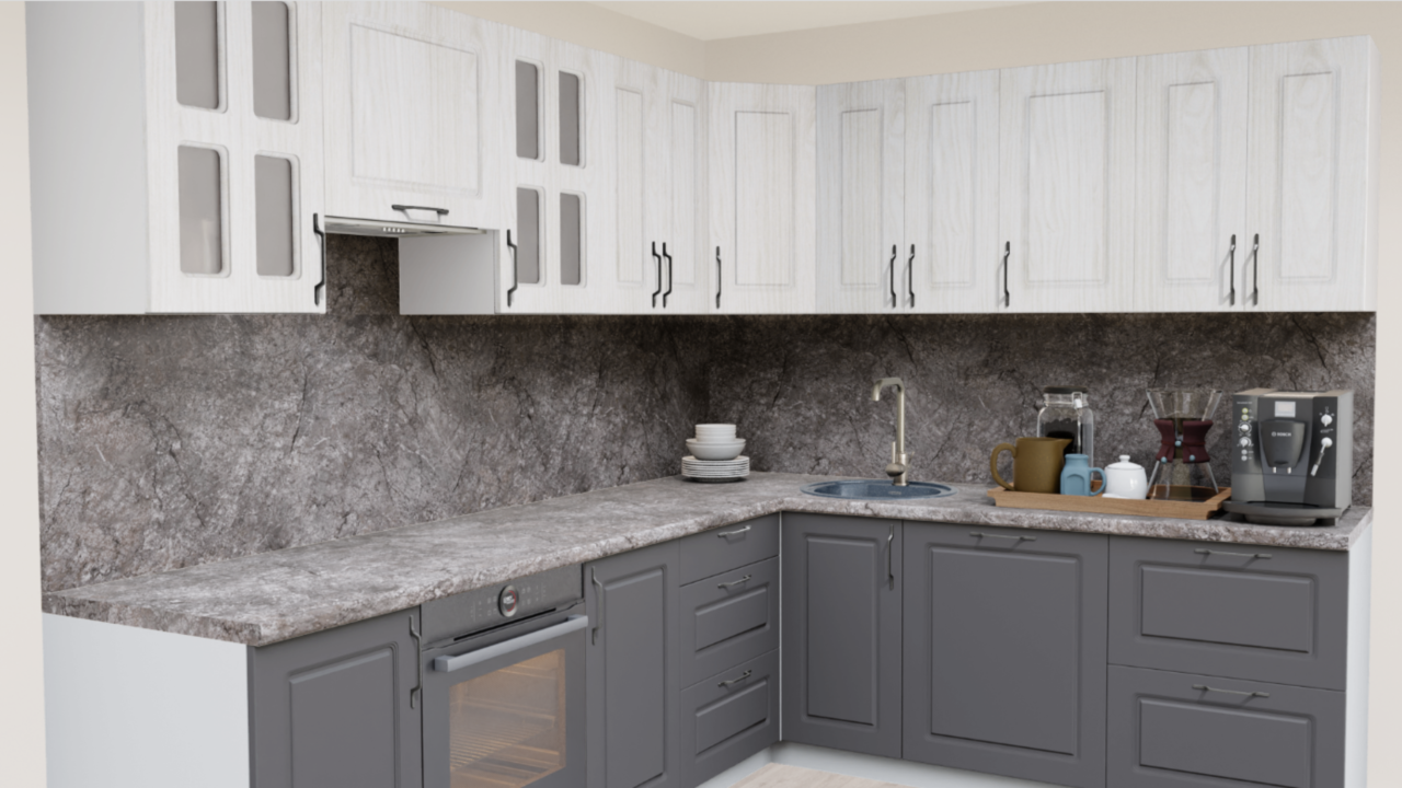 Кухня угловая Вяз беленный - Пепел