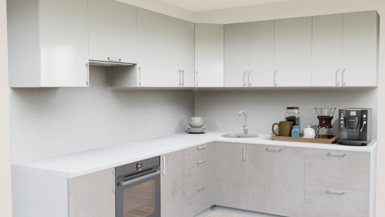 Кухня угловая Белый теплый - Блеск штукатурка латте